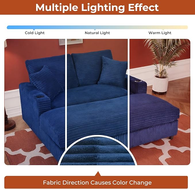 65" Oversized Chaise Lounge Chair Indoor, Upholstered Sofa Bed with Pillows & 2 Cup Holders, Sleeper Couch Comfy Corduroy Recliner Chair for Living Room, Movie Room, Bedroom, Blue