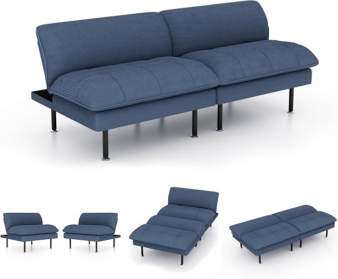 70" Futon Sofa Bed, 4 in 1 Multi-Function Couch Sleeper with Adjustable Backrest, Modern Convertible Futon, Recliner Small Loveseat for Living Room, Dorm, Blue