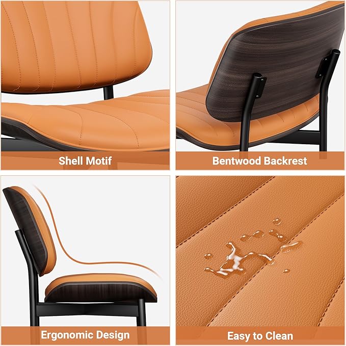 YaFiti Dining Chairs Set of 2, Mid Century Modern Dining Room and Kitchen Chairs, Upholstered PU Leather Chairs with Walnut Bentwood and Metal Legs, Orange