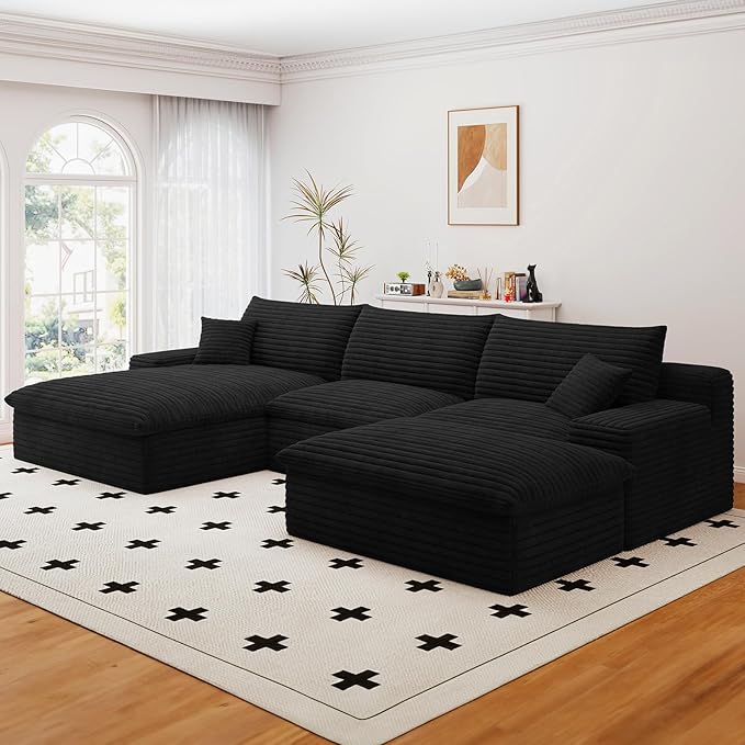 107" Cloud Sectional Couch with U-Shaped Chaise,Corduroy Viral Boneless Sofa with Ottoman,Memory Foam Couches in a Box with Deep Seat for Living Room,No Assembly Required(Jet Black,Left-Facing Chaise)