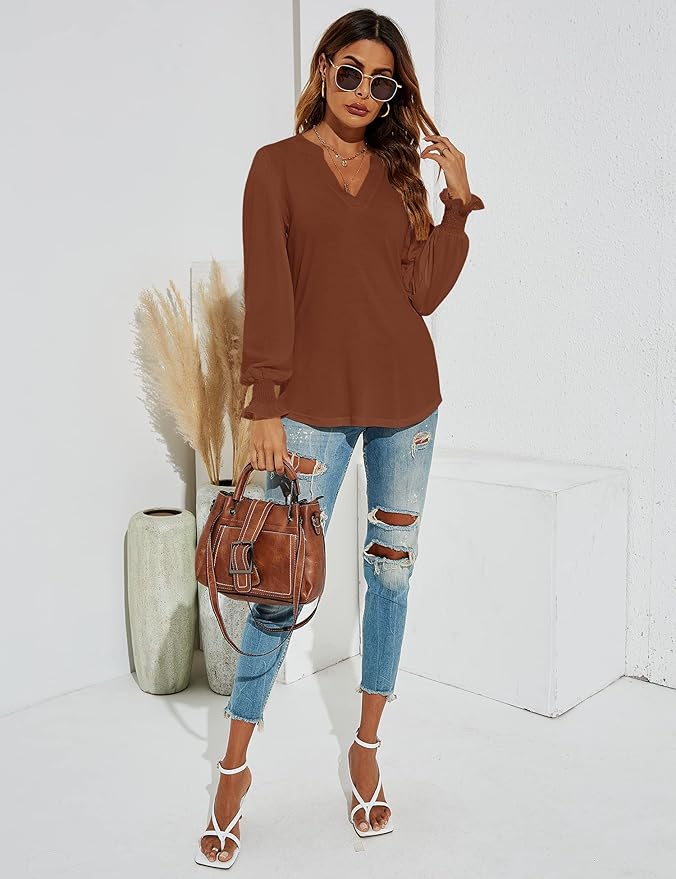 Romanstii Women's Casual V-Neck T-Shirts Loose Puff Long Sleeve Tops Tunic Blouses