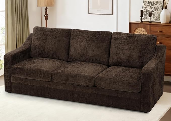ACMEASE 83 Inches Chenille 3-Seat Sofa w/Comfortable Back Cushions, Modern Sofa w/Deep Seat Space, Upholstered 3 Seater Couch w/High Resiliency Foam for Living Room, Brown