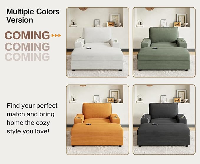 Merax 42.8" Oversized Chaise Lounge Chair with Storage Ottoman,Corduroy Sofa Bed with Cup Holders,USB Charging Port,Upholstered Sleeper Chair,Deep - Seat Reading Couch for Living Room,Bedroom,Grey