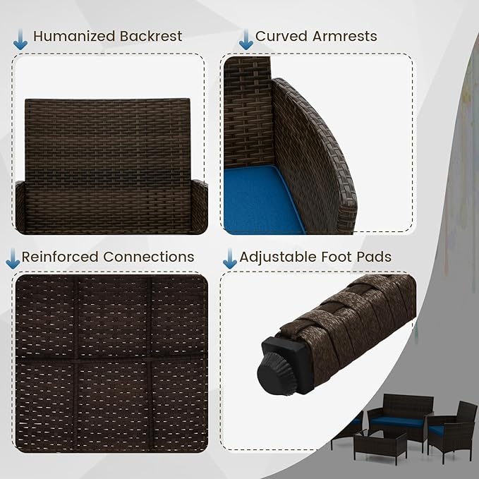 HAPPYGRILL 8 Pieces Outdoor Rattan Conversation Set, Patio Wicker Furniture Set with Loveseat Chairs & Tempered Glass Coffee Table, Outside Sectional Sofa Set for Backyard Garden Poolside, Blue
