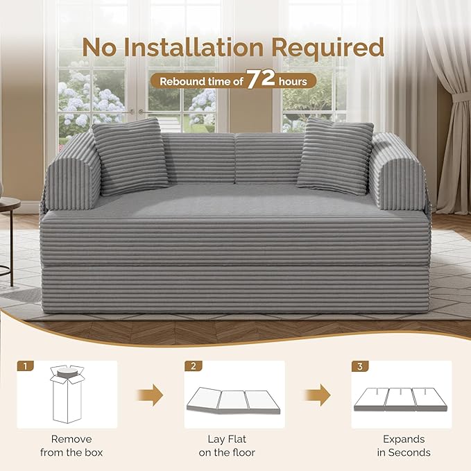 Convertible Coarser Corduroy Sleeper Sofa Bed with Cylindrical Pillow, Folding Mattress Couch with Fixed-Shape Frame, Floor Sofa Lounge Couch for Living Room Bedroom Lounge Studio, Grey
