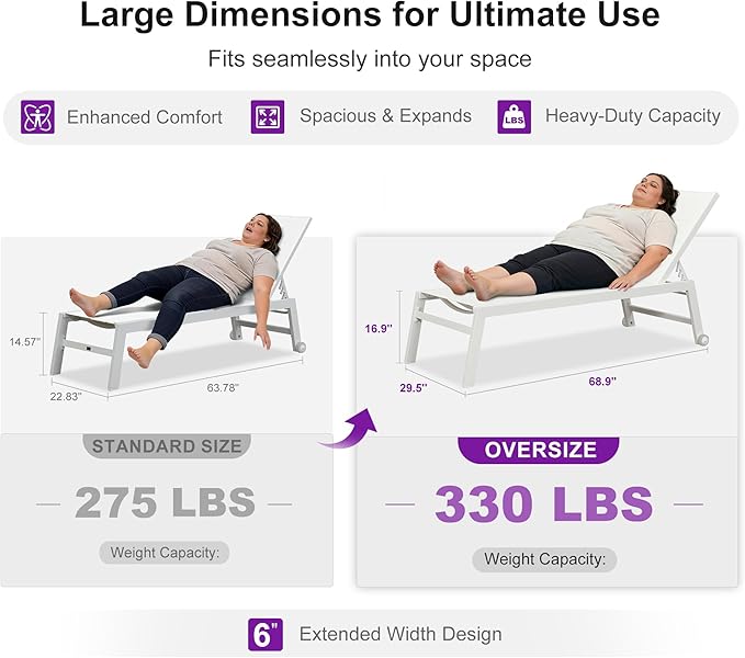 PURPLE LEAF Outdoor Oversized Chaise Lounge Set for Tall & Strong Individuals Adjustable Recliner Extra Wide Lounge Chairs with Side Table for Poolside Beach Patio Aluminum Chaise Lounger Cream