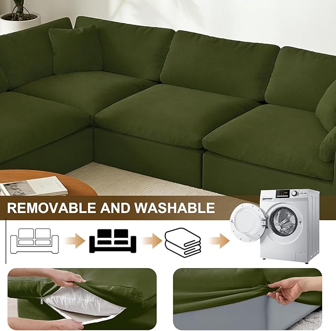 Forest aesthetics 143" Cloud Modular Sectional Sofa,Green Down Filled Sofa 4 Seat with Chaise,Minimalist Sofa Cover Washable and Replaceable Couches for Living Room,Sectional Sofa Deep Seat