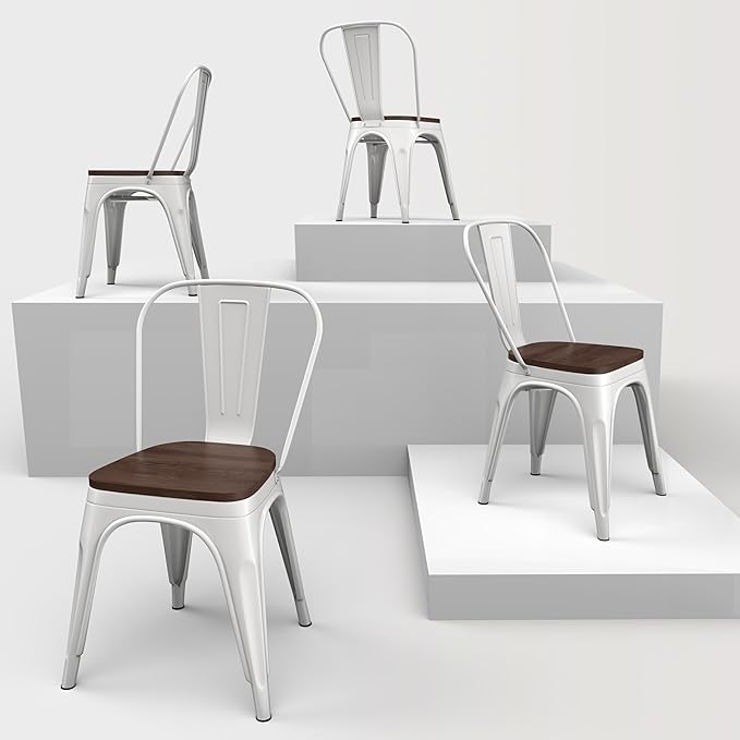 Metal Dining Chairs Set of 4,Stackable Tolix Chair Indoor/Outdoor for Kitchen,Cafe,Restaurant,Bistro & Patio Multiple Colors with High Backrest and Wood Seat(White)