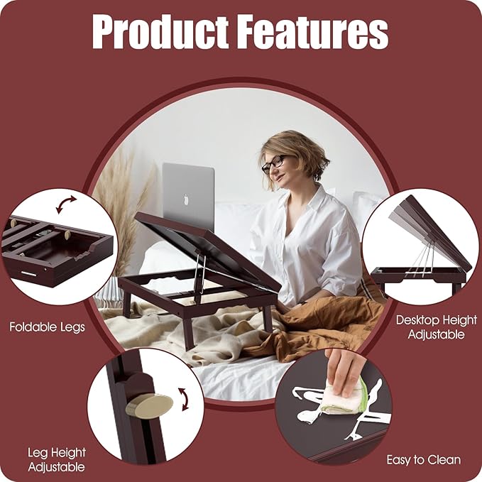 Bamboo Adjustable & Foldable Bed Tray Table with Ergonomic Handle, 17x12in Breakfast Tray for Eating, Laptop Desk, Sofa Snacking, Non-Slip Surface (Mahogany)