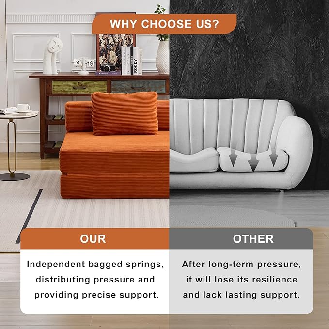 Folding Sofa Bed, Convertible Sleeper Chair with Pillow, Single Sofa with Back Support, Portable Fold Out Chair Cloud Couch Bed, Comfy Floor Sofa Lounge for Living Room Bedroom, Orange