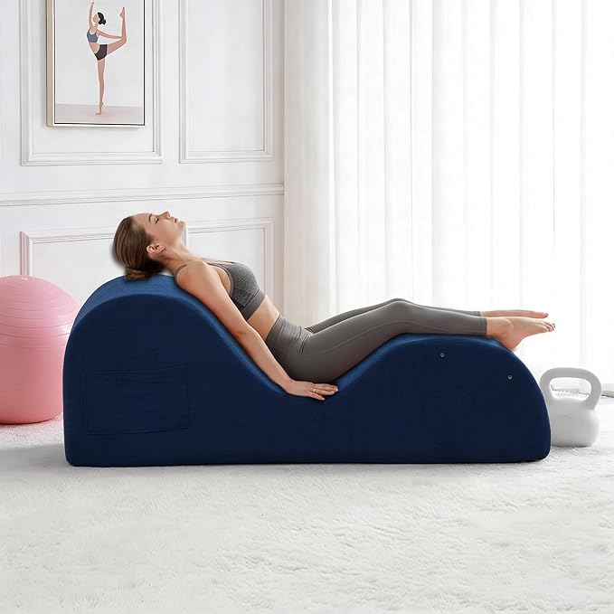 DRMBOOK Yoga Chairs for Adults, Corduroy Fabric Chaise Lounge with Headrest, Boneless Yoga Sofa Couch with Waist Cushion, Movable Footrest, Side Pockets for Relaxation Exercise Stretching (Blue)