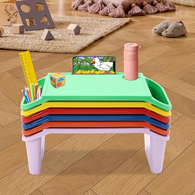 6 Pcs Kids Lap Desk Tray, 19.69 * 9.84 * 7.09in Lap Desks with Storage, Lap Desk Tray with Side Pockets and Slot for Writing Eating Game Classroom (Colorful 2)