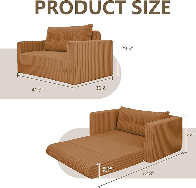 HABUTWAY Folding Sofa Bed, 2 in 1 Convertible Sleeper Chair with Pillow, Portable Fold Out Chair Bed with Armrest, Comfy Floor Couch, Lazy Sofa for Living Room Bedroom Dorm Home Office, Orange