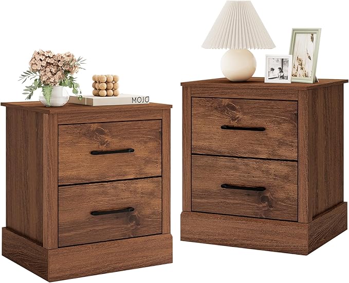 SIMOE Walnut Farmhouse Nightstand Set of 2, Wooden Bedside Table with 2 Storage Drawers, Compact Floor-Standing Night Stand, Accent Sofa Side Table for Bedrooms