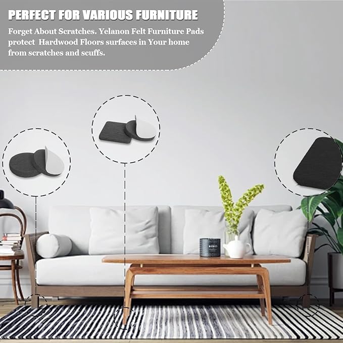 Yelanon Felt Furniture Pads for Hardwood Floors -261 Pcs Premium Floor Protectors for Furniture, Felt Pads for Chair Legs, Black & Beige