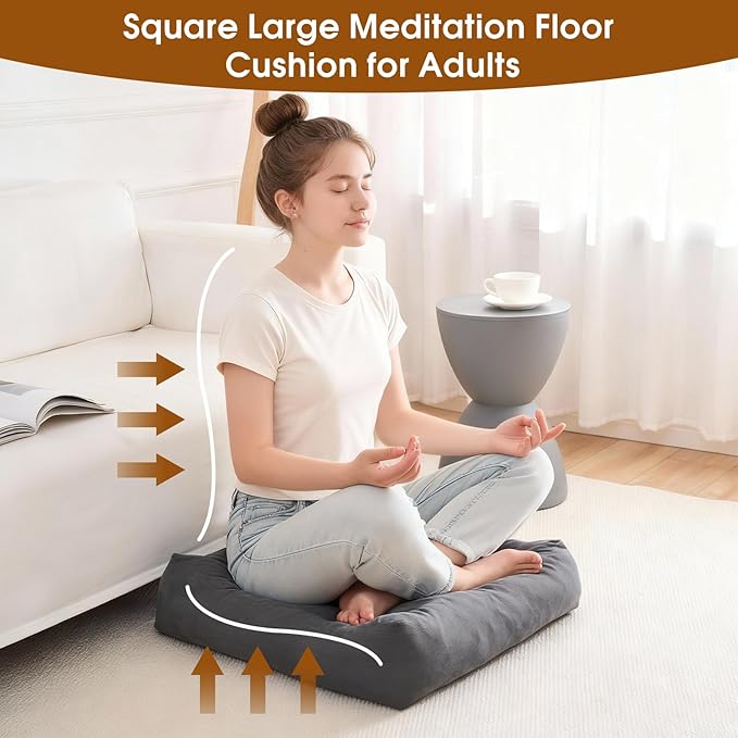 Tikuns 4Pcs Floor Pillows for Adults, 22x22x6 Inch Meditation Cushions, Large Square Sitting Cushion Living Room Memory Foam Pillow for Sitting (4, Grey, 22x22x6 Inch)