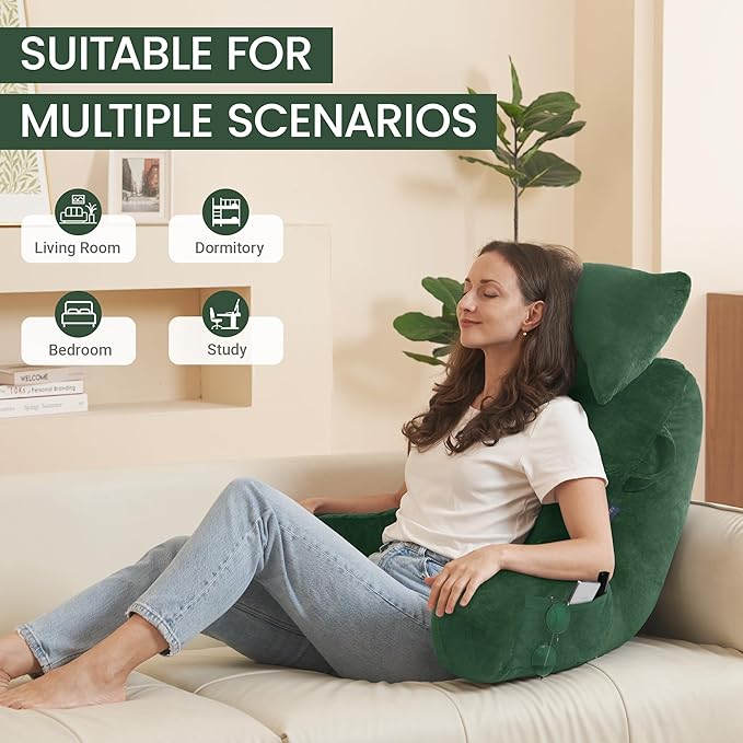 Unisakey Portable Reading Pillows with Headrest for Bed Sitting Up(Green Oeko-Tex), Velvet Back Pillow with Arms & Pockets for Adults, Support Memory Foam Bed Pillow for Dorm/Reading/Watching/Gaming