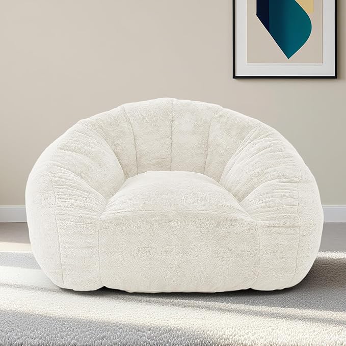 Bean Bag Chair for Adults, Soft Faux Fur Giant Beanbag Chairs, Oversized Cozy Bean Bag Couch Large Reading Chair, Comfy Bean Bag Sofa for Living Room, Bedroom & Dorm, Beige