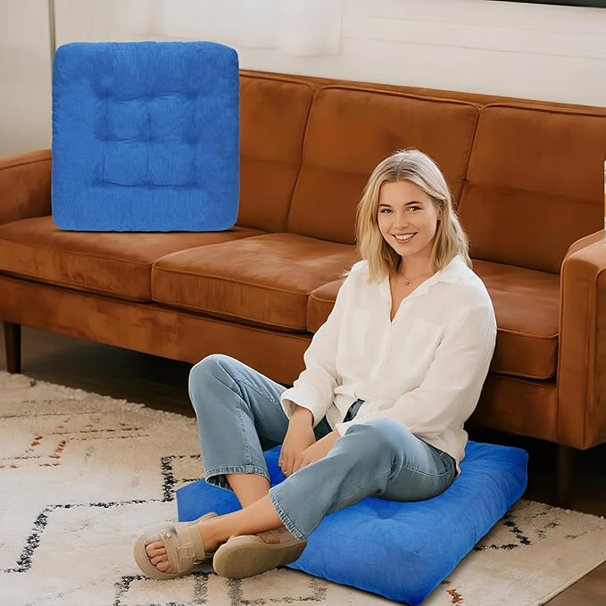 Meditation Floor Pillow Set of 2, Square Large Pillows Seating for Adults, Tufted Corduroy Cushion for Tatami Living Room, 22x22 Inch FP-Dblue