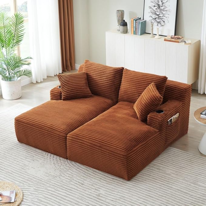71" Oversized Double Chaise Lounge Sofa Indoor Boneless Sleeper Daybed, Fluffy Corduroy Upholstered Compressed Cloud Couch Loveseat Sofabed, Floor Chair w/Cupholders, Side Pockets for Living Room