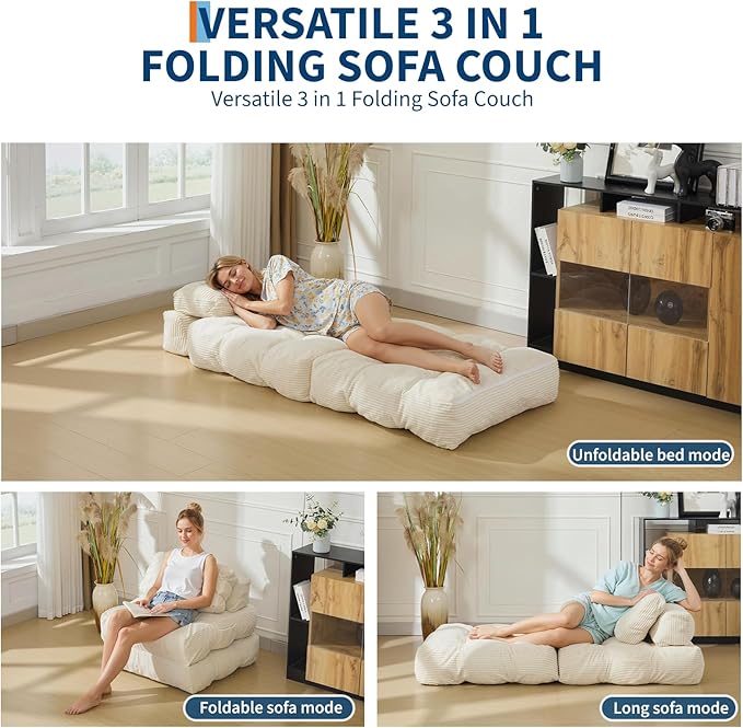 Garvee Folding Sofa Bed, Convertible Sleeper Chair with Pillow Foldable Mattress with Back Support, Boneless Fold Out Chair Bed Comfy Floor Sofa Lounge for Living Room, Bedroom, Beige, Single