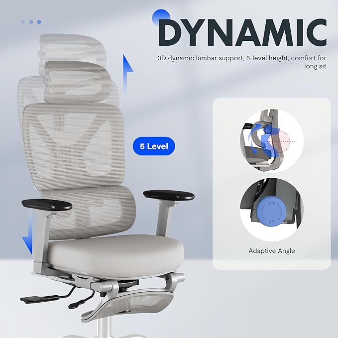 FLEXISPOT ErgoX Premium Ergonomic Office Chair with Footrest- Adjustable 3D Armrests, Dynamic Lumbar Support, Recline & Tilt Function, Mesh Seat, for Home & Office Use,Grey Foam