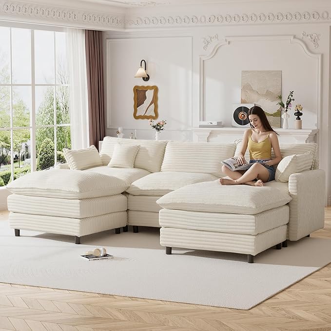 HYJT-H&K 108" U Shaped Cloud Couch Modular White Sectional Couches for Living Room, Comfy Fluffy Corduroy Oversized Cloud Sectional Couch Large 5 Seat Sectionals Sofa Set, White