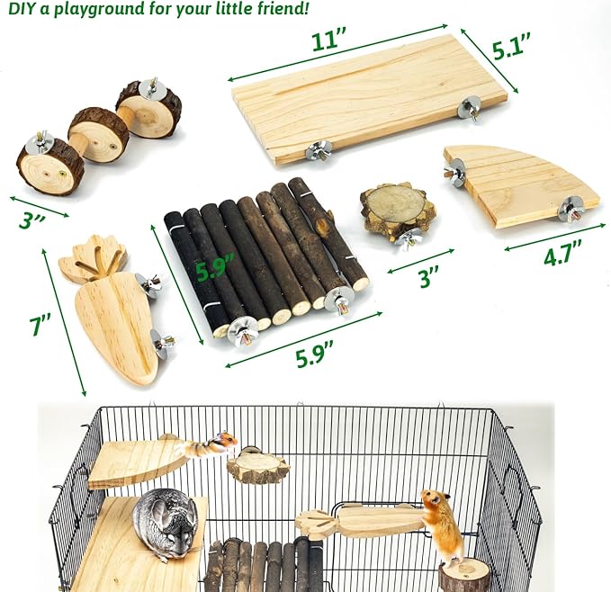 GNB PET Space Expanding Natural Wood Hamster Platform Set, DIY Small Animal Playground Accessories for Hamster Cage, Climbing & Resting Toys with Adjustable Screws for Hamsters, Chinchillas, Gerbils