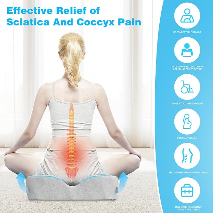 Memory Foam Seat Cushion for Office Chair & Car Seat, Sciatica & Tailbone Pain Relief, Orthopedic Coccyx Cushion with Non-Slip Bottom
