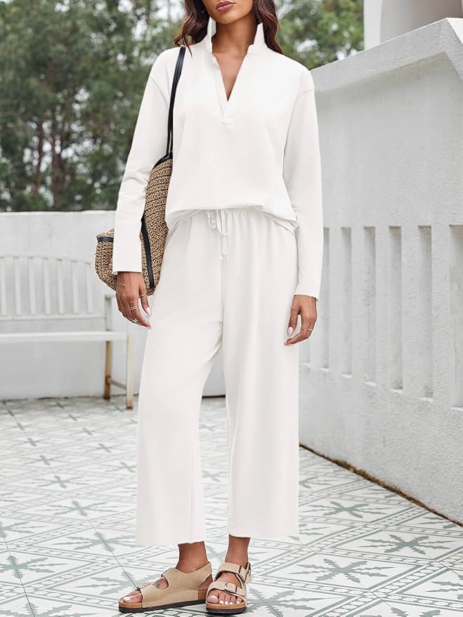 Imily Bela Womens 2 Piece Outfits Sweatsuit Long Sleeve Lapel V Neck Shirt and Wide Leg Pants 2025 Fall Trendy Tracksuit