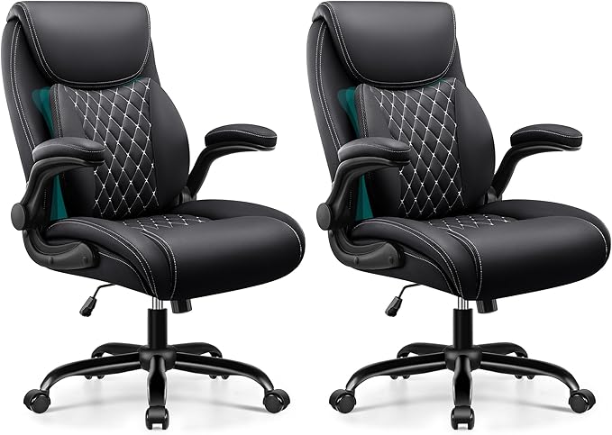 BESTFAIR Office Chair,Ergonomic Office Chair with Lumbar Support for Lower Back Pain Relief, Executive Leather Chair with Padded Flip-up Arms, Wheels and Adjustable Armrests, Black Pack of 2