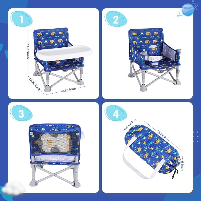 Furmubei Portable Baby Booster Seat with Tray, Toddler Booster seat for Dining, Camping, Travel, Baby Beach Chair 6 Months to 3 Years Old Indoor Outdoor Use CH2406