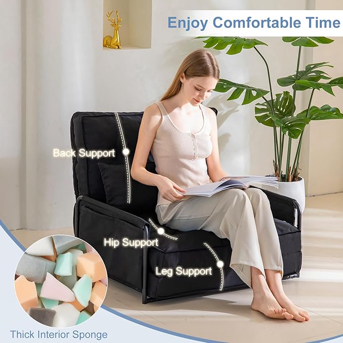 YOSHOOT Adjustable Lazy Floor Sofa, Folding Couch Bed with 5 Positions Adjustable Backrest, Convertible Bean Bag Sofa Bed Couch Foldable Sleeper Chair with Pillow for Reading Gaming（Black, Single）