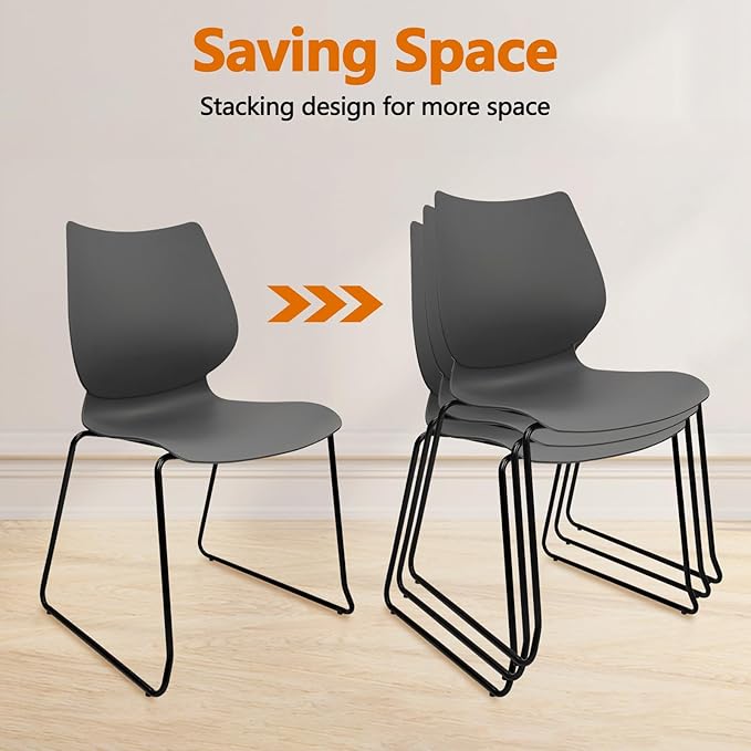 Stacking Waiting Room Chairs, Stacked Plastic Office Chair with Ergonomic Lumbar Support and Metal Legs for Conference School Church Guest Reception Set of 8, Grey