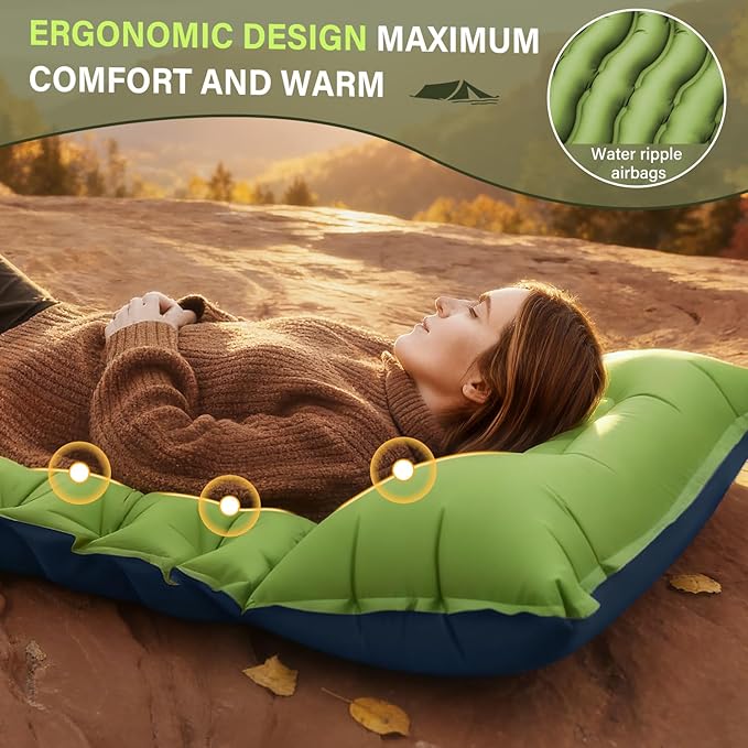 FUN PAC Camping Sleeping Pad, Ultralight Camping Mat with Pillow, Built-in Foot Pump Inflatable Sleeping Pads Compact for Camping Backpacking Hiking Traveling Tent,Single,Green