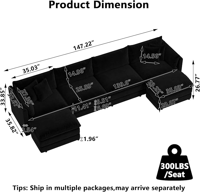 Aoowow Modular Sectional Sofa Modern Convertible U Shaped Couch,147.2 Inch Deep 4-Seater Sofas Set Comfy Chenille Cloud Sofas and Couches with Movable Ottoman for Living Room Apartment（Black）