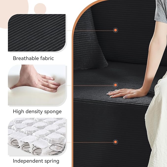 83" Sofa in a Box, 3 Seater Couch No Assembly Boneless Sofa Bed with Cushion Back 2 Matching Pillows Deep Seat Corduroy Fabric Side Storage Pockets for Living Room, Bedroom, Apartment, Office, Black