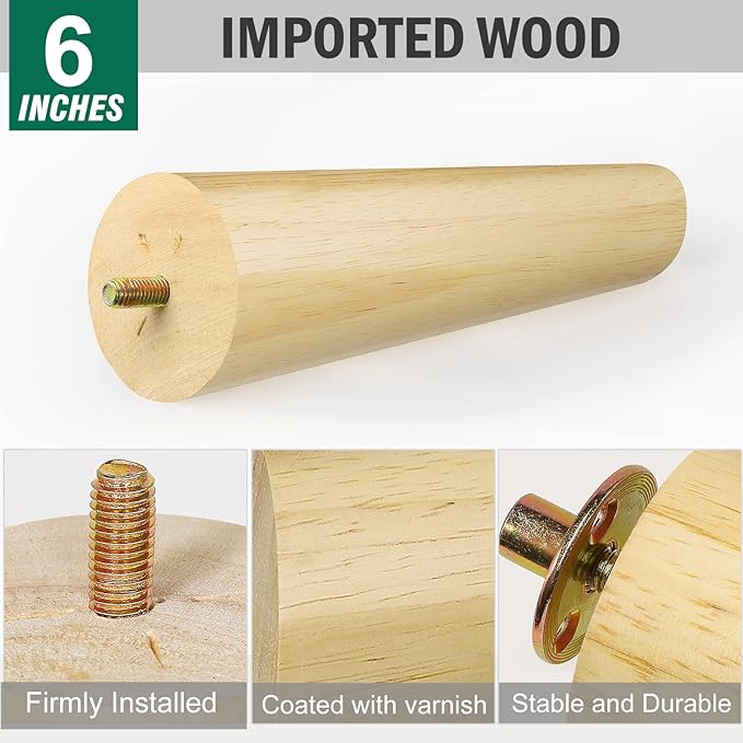 FoDau770 Rubber Wood Furniture Legs 6 Inches, Slant Tapered Wood Feet Mid Century Sofa Legs Set of 4, 5/16" UNC Furniture Feet Replacement Parts for Cabinet Couch Dresser Chair Ottoman Table
