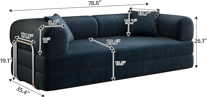 79" Convertible Sofa Bed, Corduroy Folding Pull Out Couch with Pillows, No Assembly Modern Boneless Couch Compression Sofa in Box, Floor Sofa with Support Rods for Living Room,Blue