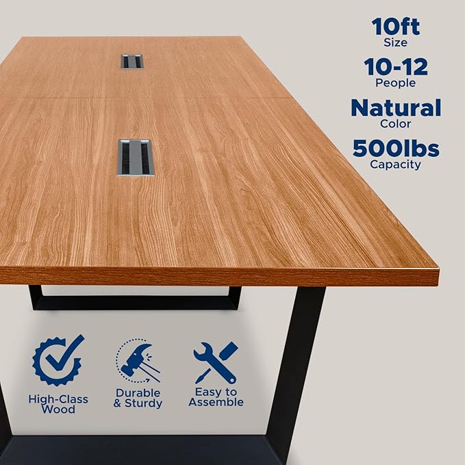 ahliss Sturdy Conference Table with Cable Management Grommets Modern Rectangle Office Meeting Table with Wood Tabletop and Metal Frame & Legs- Easy Assembly Boardroom Table (Natural, 10 Foot)