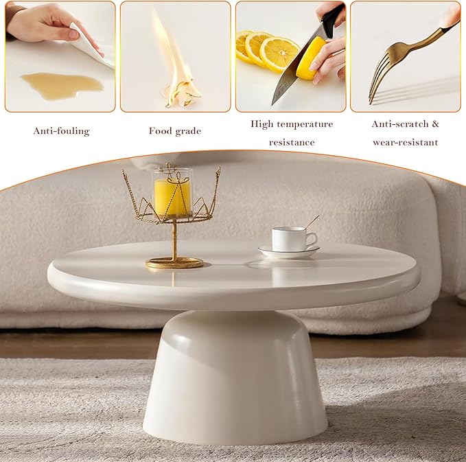31.5in Cream White Coffee Table, Mid-Century Minimalist Round Low Floor Tea Table, with 19.69in Sturdy Pedestal, for Small Space (Cream White 31.5in)