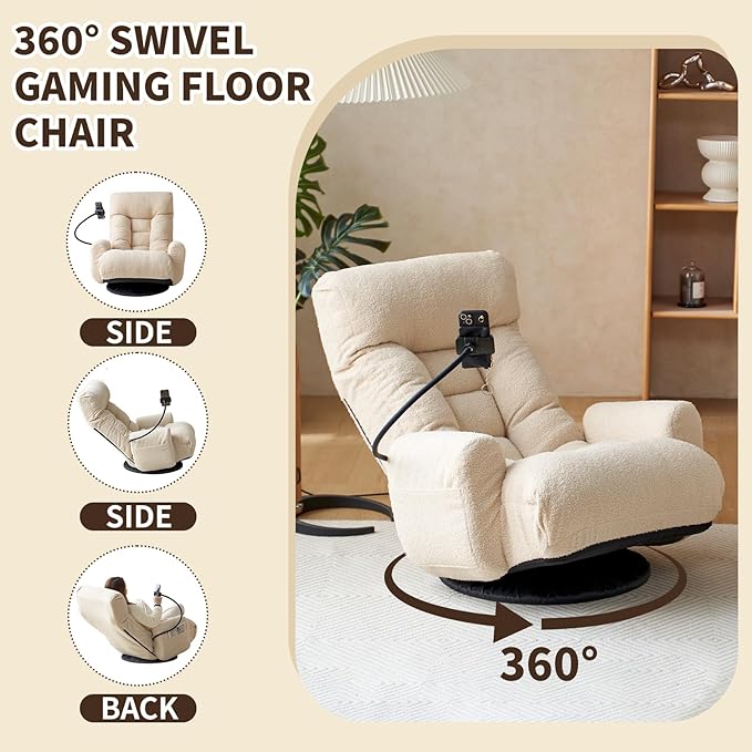 Swivel Lazy Floor Chair, Adjustable Reclining Floor Lounger with Head & Back Support and Phone Holder, Comfy Tatami Sofa Seat for Adults Bedroom & Gaming