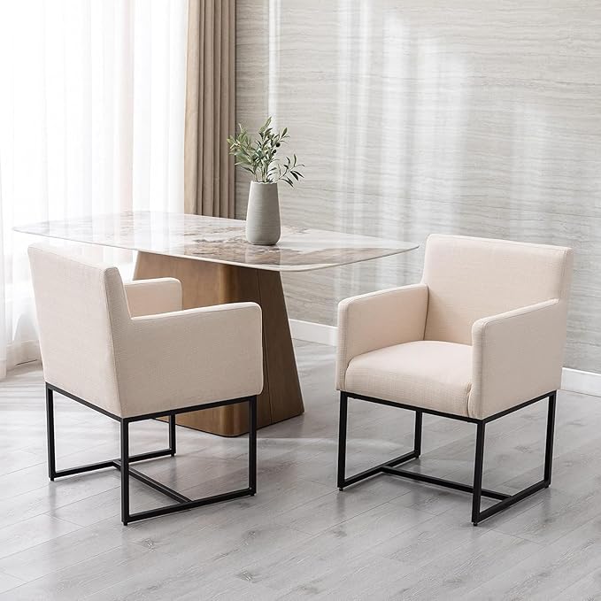 BESTANO Linen Upholstered Dining Chairs with Arms Set of 2 Mid Century Modern Accent Chairs Armchairs with Black Metal Frame, Modern Kitchen & Dining Room Chairs, Cream