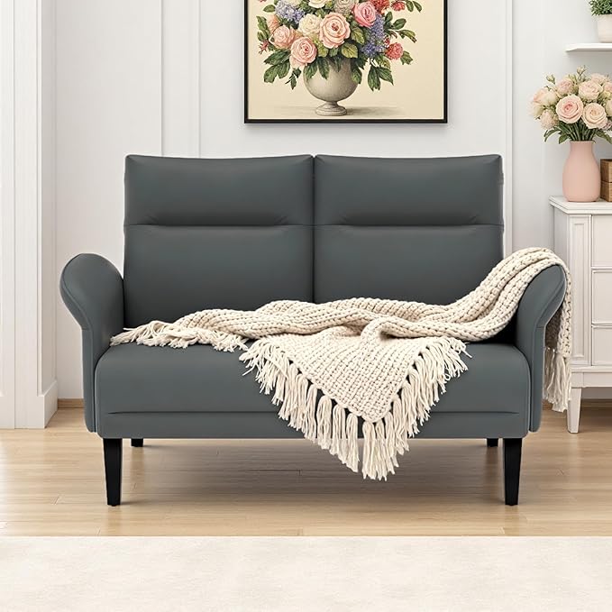 Faux Leather Loveseat with Wide Armrests, Symmetrical Shawl Arm 2-Seater Sofa, Upholstered Modern Loveseat with Wooden Legs for Small Living Room, Apartment, Gray