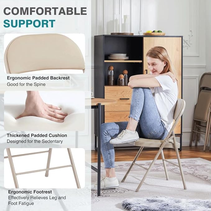 Padded Folding Chairs Set of 4, Portable Stackable Acrylic with Cushion for Outdoor Activities, Indoor Gatherings, Living Rooms and Office Meetings, Khaki