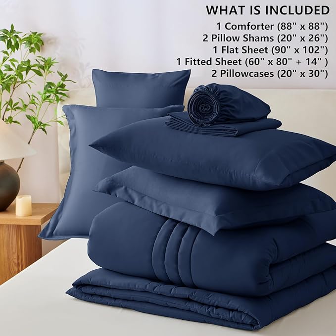 CozyLux Queen Size Comforter Sets - 7 Piece Bed in a Bag Navy Blue Comforter Set with Sheets Queen Bed Set All Seasons, Bedding Set with Down Alternative Comforter, Sheets, Pillowcases & Shams