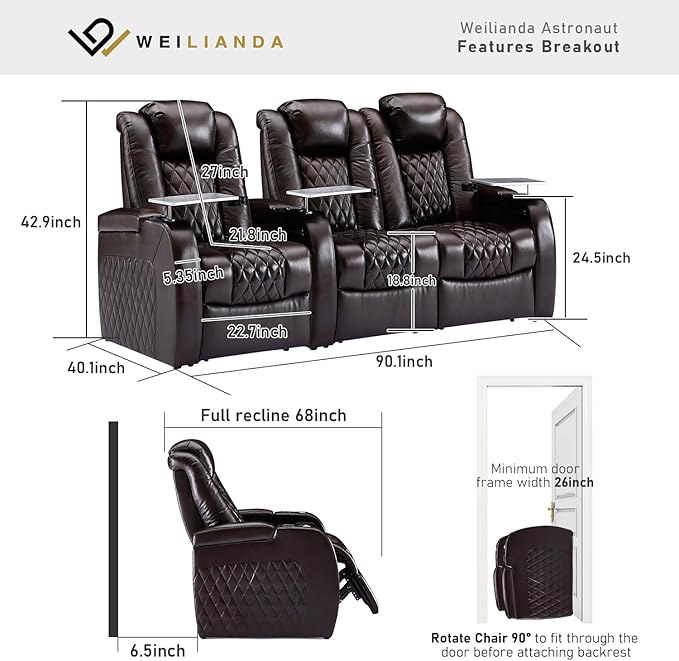 Weilianda Home Theater Seating Top Grain Leather Zero Gravity Recliner Chair Power Headrest Recline Movie Seat Gaming 7 Colors Mood Light Sofa with Tray Table USB Charge Row of 3 Loveseat Right Brown