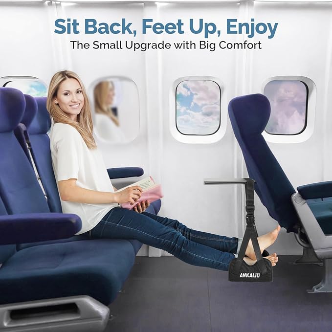 1 Pack No-Collapse Airplane Foot Hammock–Adjustable Foot Hammock for Plane Travel with Thick Bamboo Base, Lightweight Travel Footrest for Office, Flights(Black)