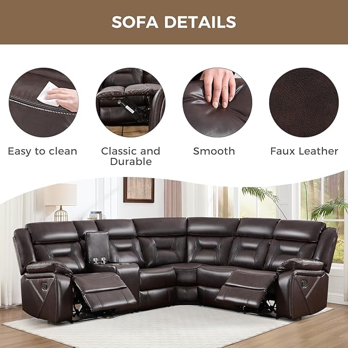 EBELLO Faux Leather Reclining Sectional Sofa Set for Living Room, 1 Recliner Chair and L-Shaped Reclining Couches Home Furniture Set with Center Console, Hidden Cup Holders and Storage, Dark Brown