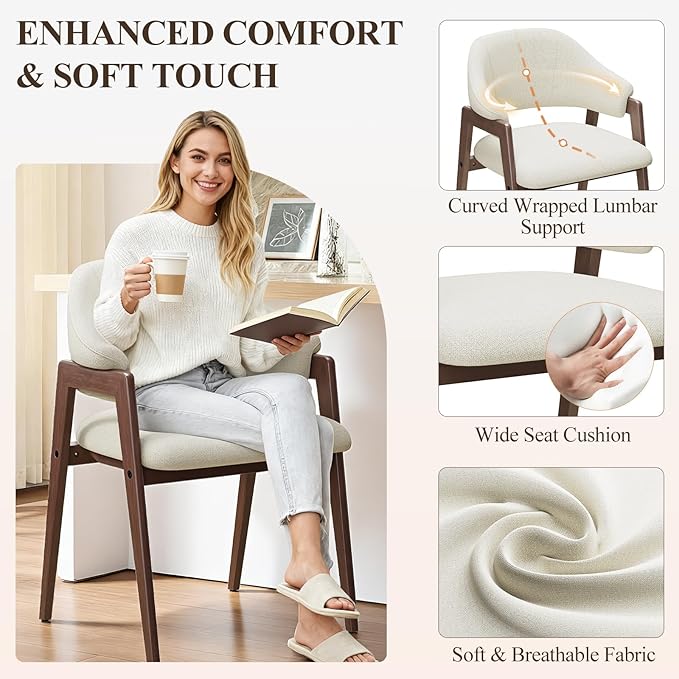 MALOL Wooden Dining Chairs Set of 6, Modern Fabric Upholstered Dining Room Chair, Kitchen Side Chairs, Farmhouse Dinner Chair with Curved Open Back for Kitchen, Beige